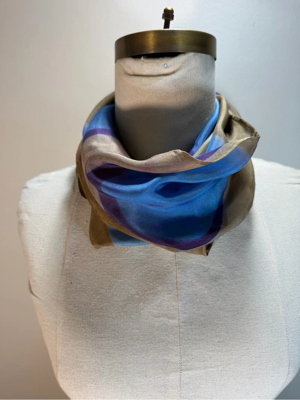Elegant Blue & Taupe Women's Silk Scarf 8” x 70”